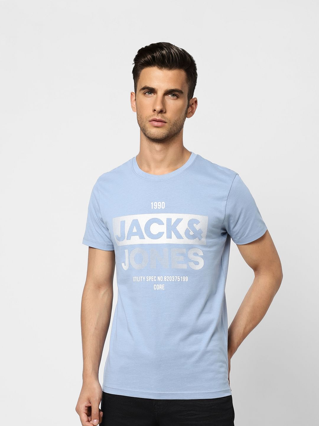 Light Blue Logo Print Crew Neck T-shirt