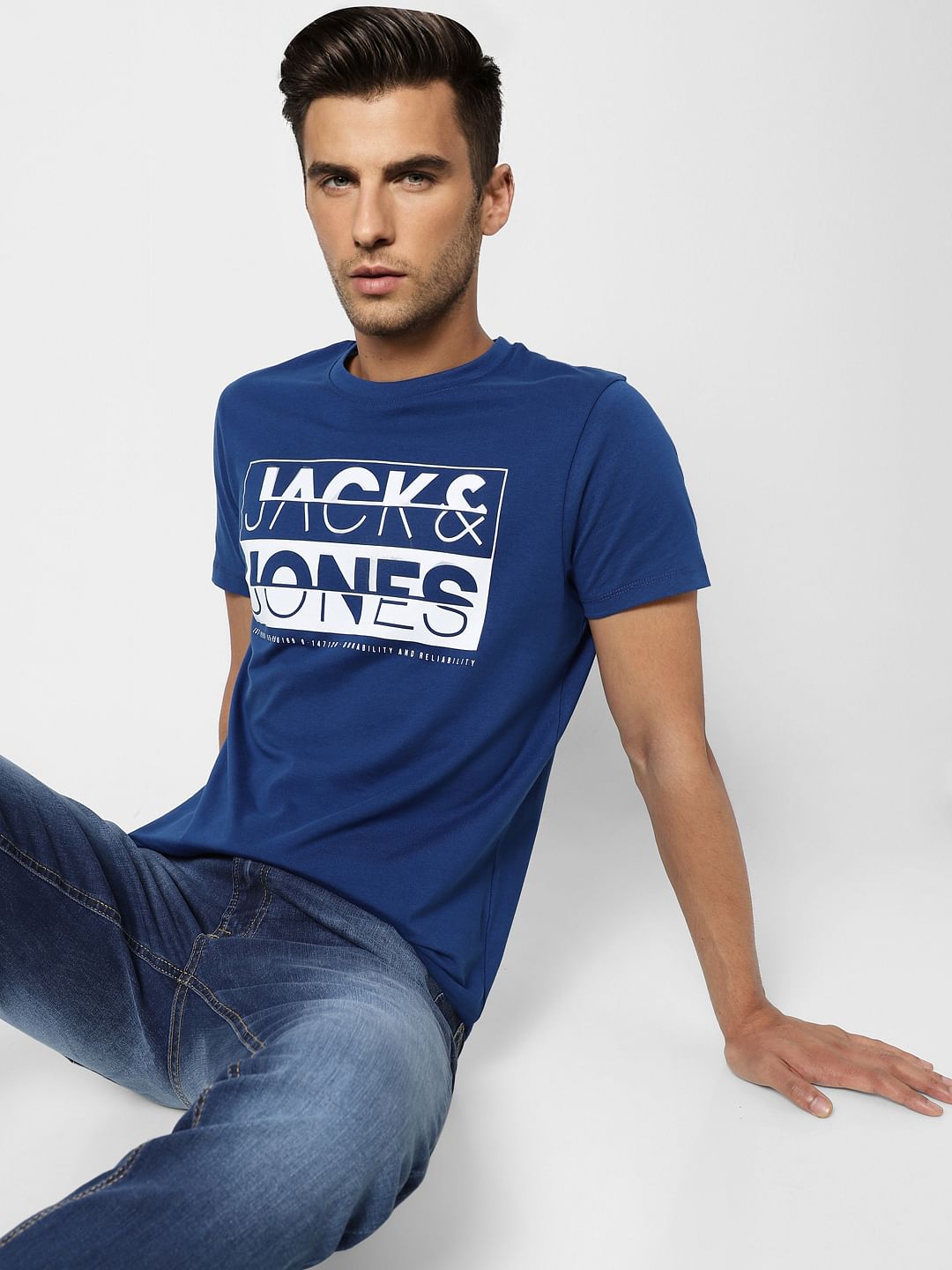 Dark Blue Logo Print Crew Neck T-shirt - S
