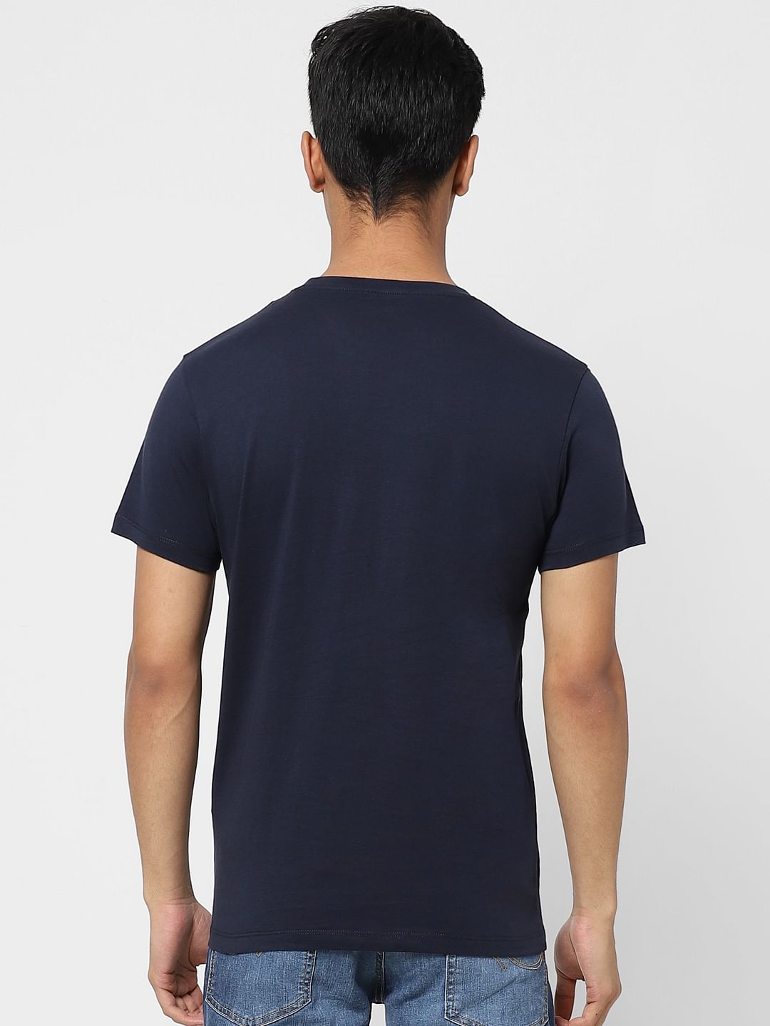 Navy Blue Logo Print Crew Neck T-shirt