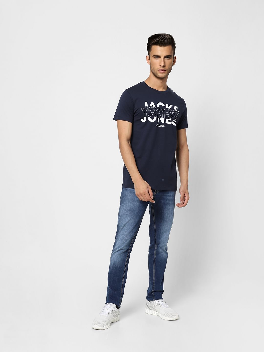 Navy Blue Logo Print Crew Neck T-shirt