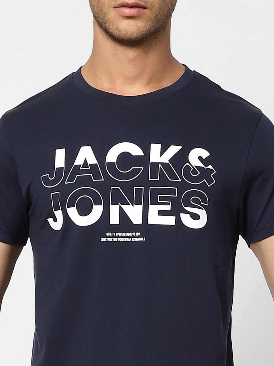 Navy Blue Logo Print Crew Neck T-shirt