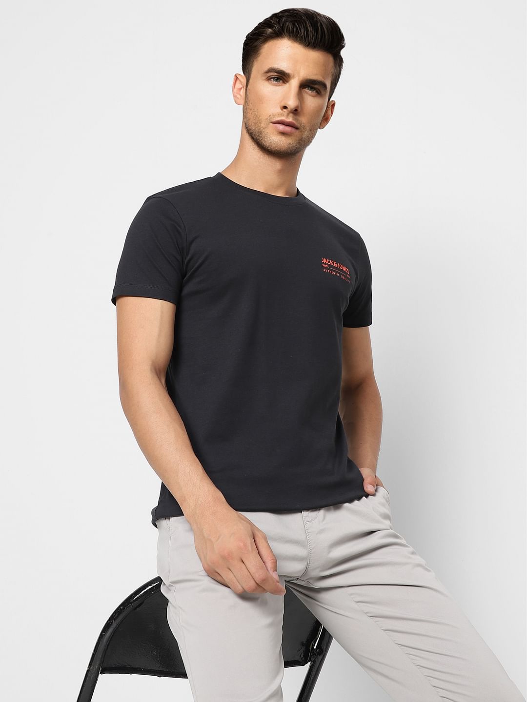 Black Logo Print Crew Neck T-shirt - S
