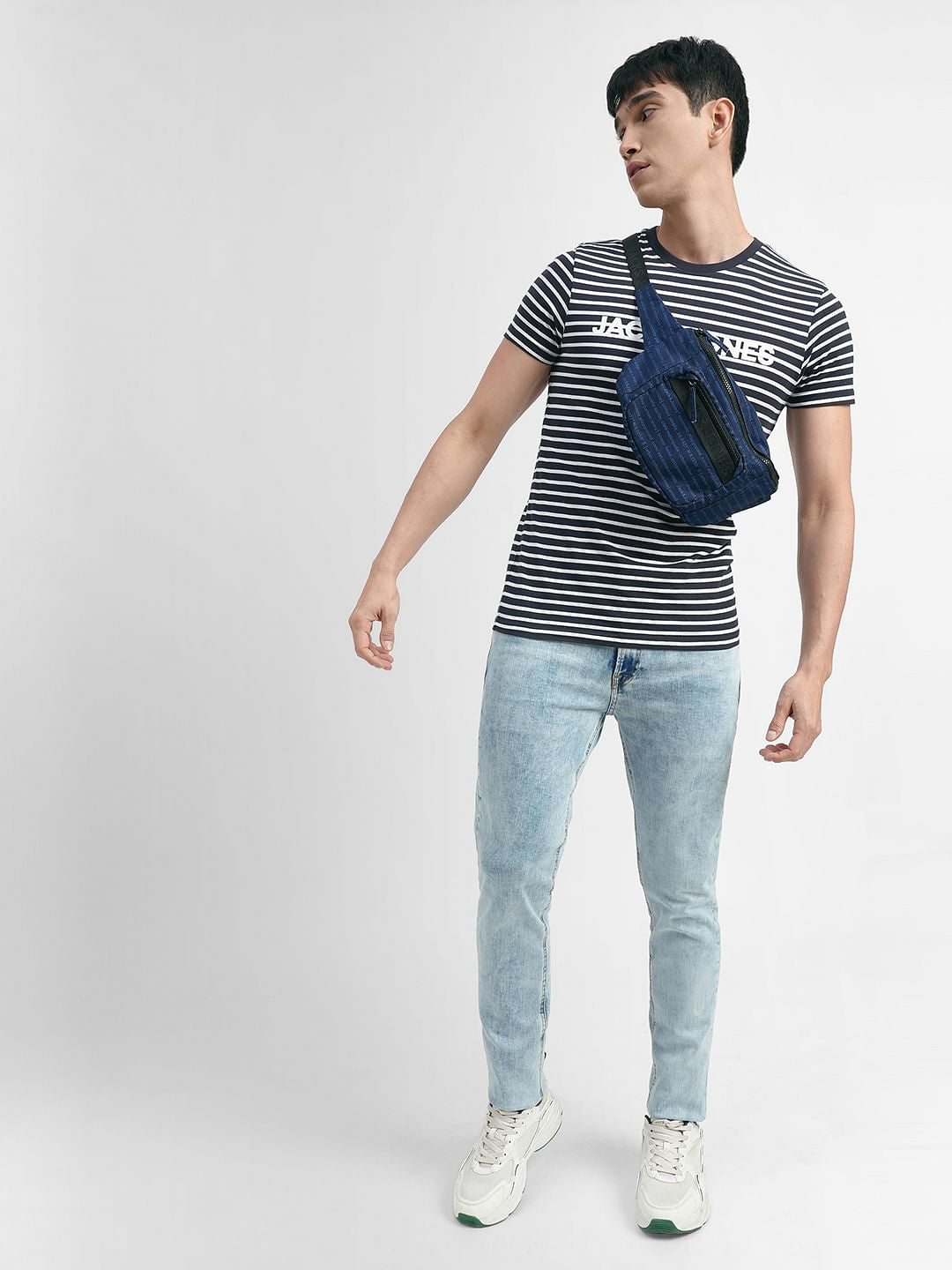 Navy Blue Striped Crew Neck T-shirt - S
