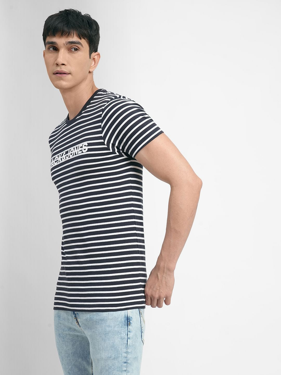 Navy Blue Striped Crew Neck T-shirt