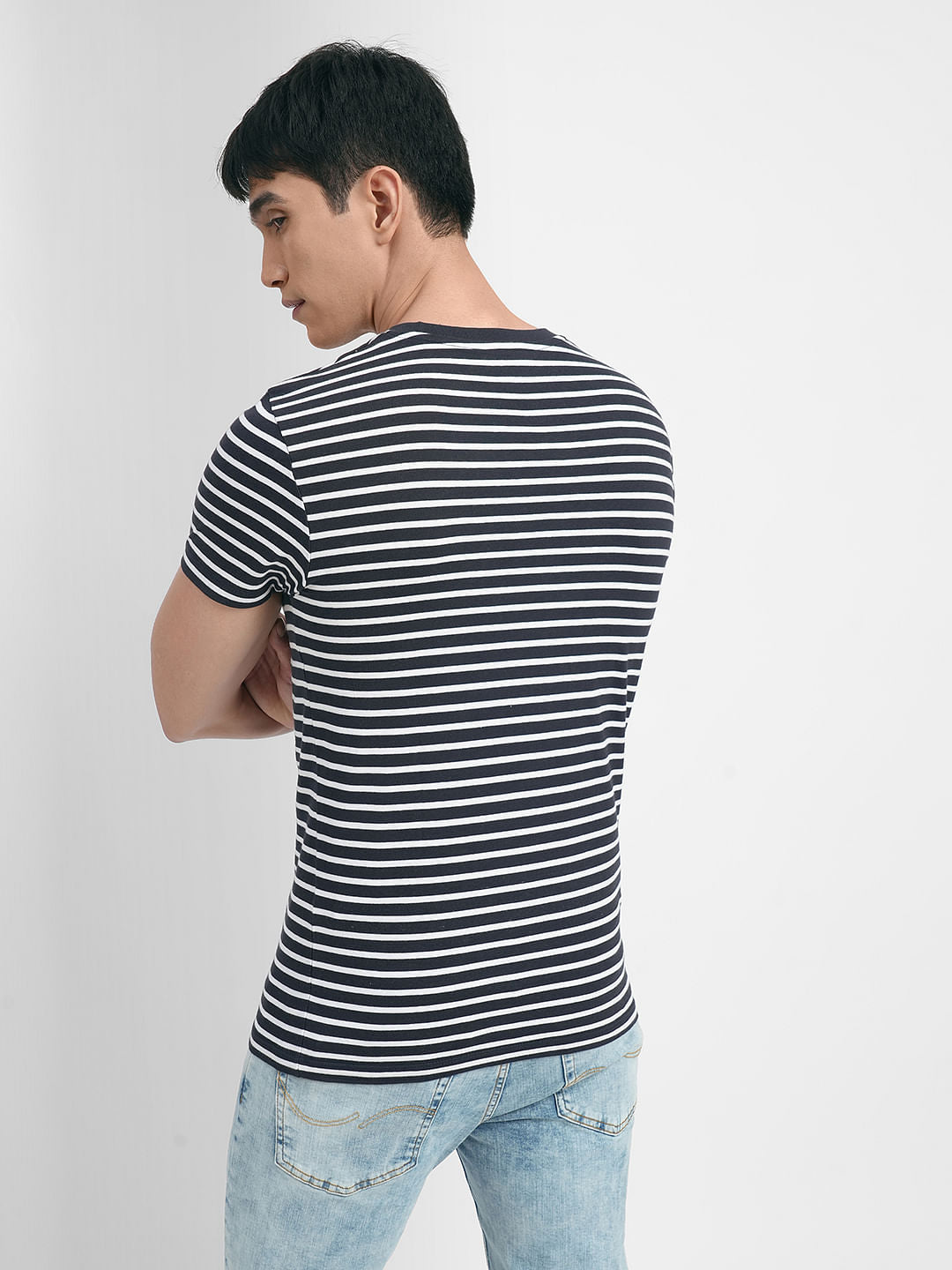 Navy Blue Striped Crew Neck T-shirt