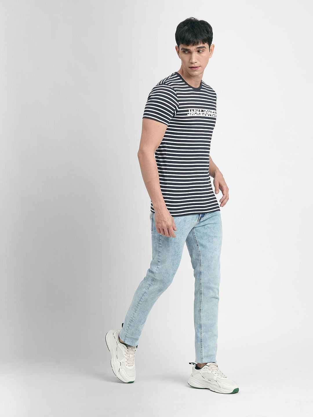 Navy Blue Striped Crew Neck T-shirt