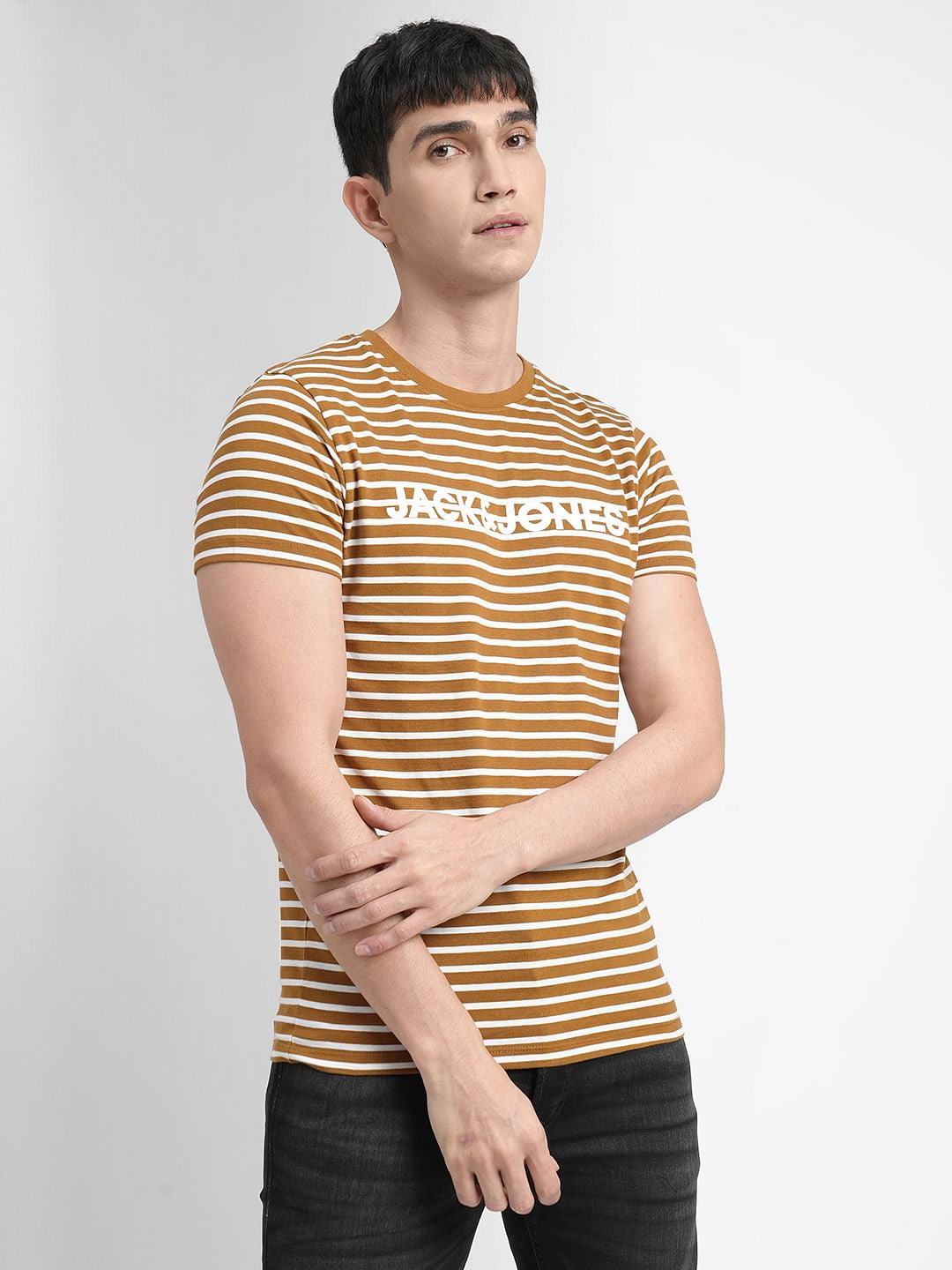 Brown Striped Crew Neck T-shirt