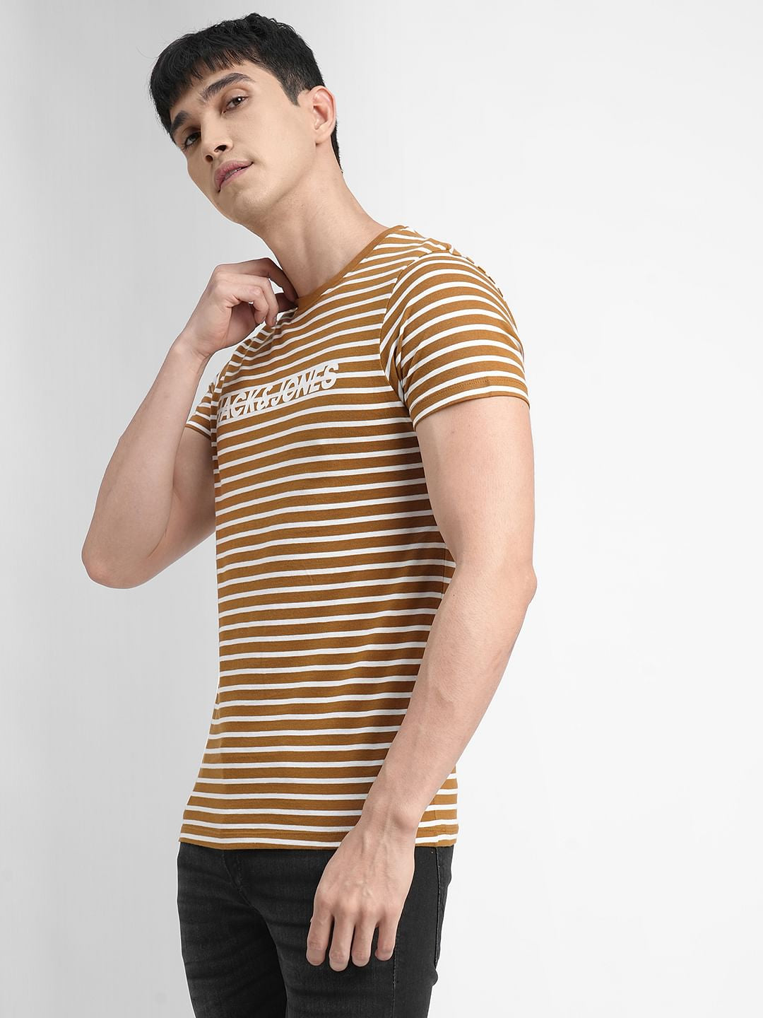 Brown Striped Crew Neck T-shirt
