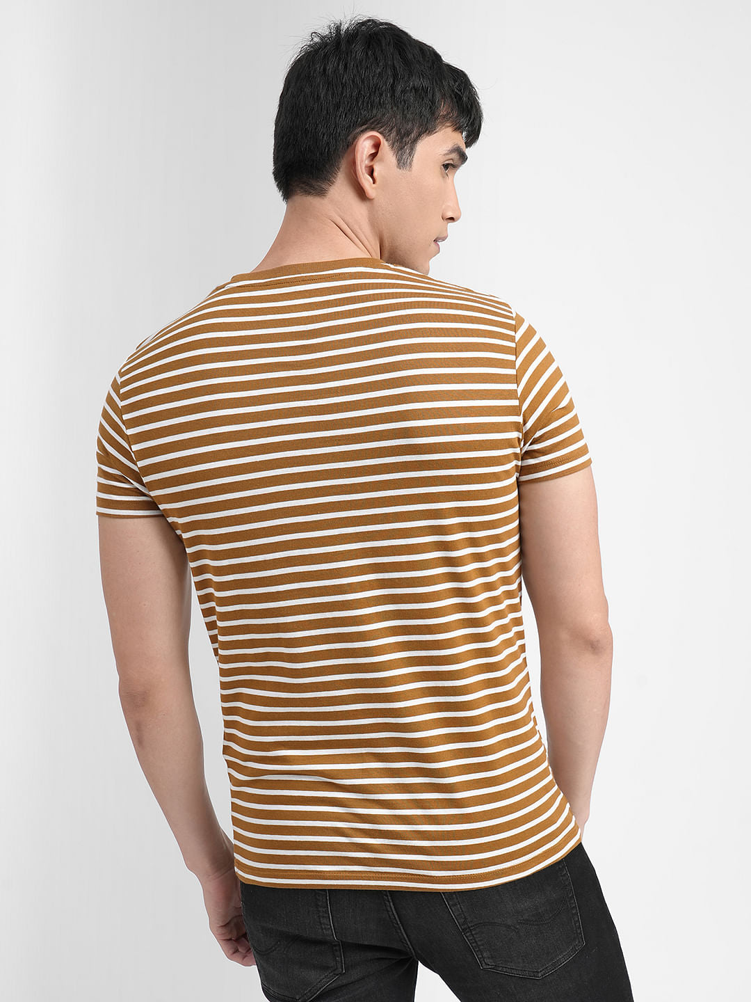 Brown Striped Crew Neck T-shirt