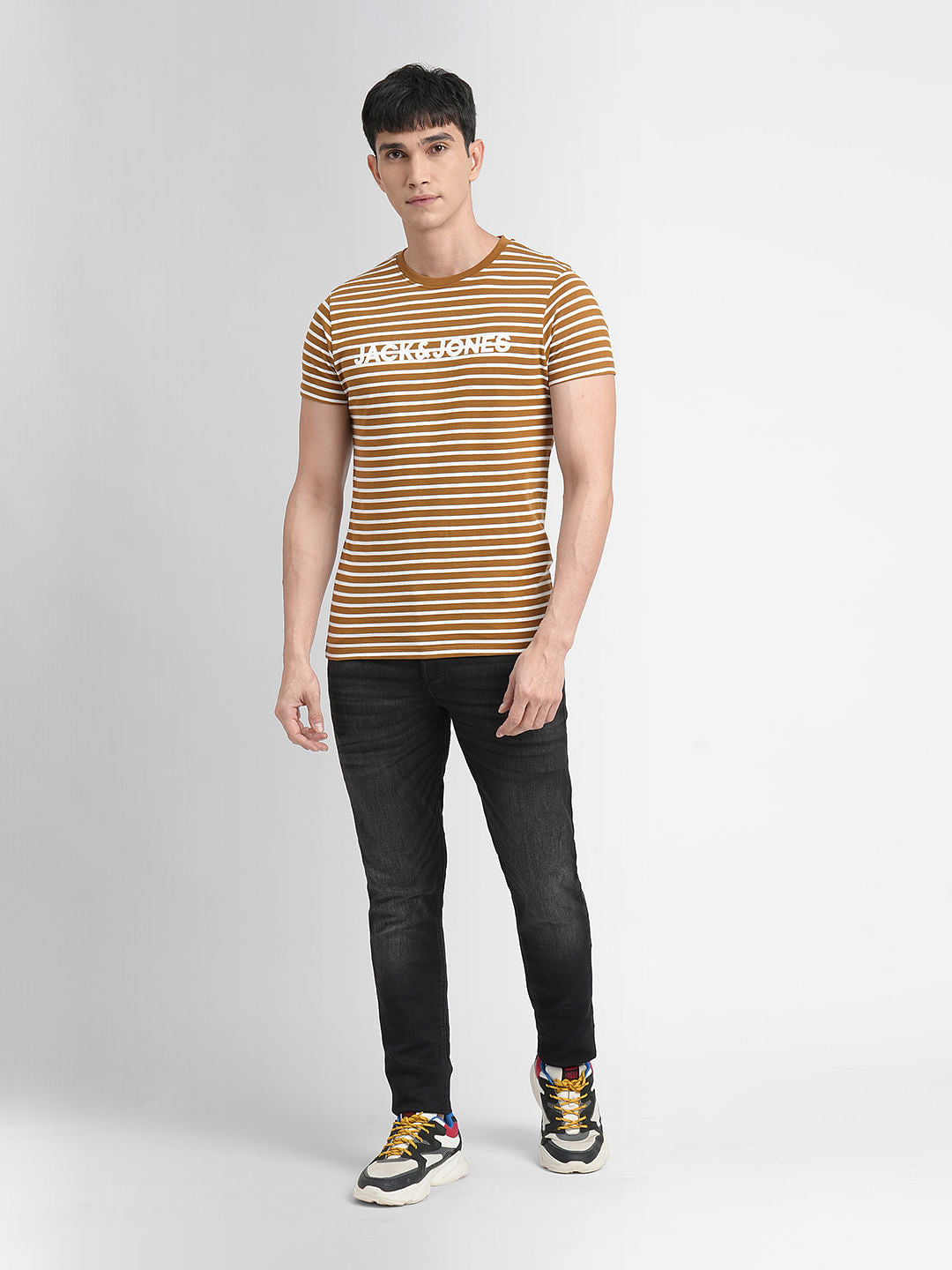 Brown Striped Crew Neck T-shirt