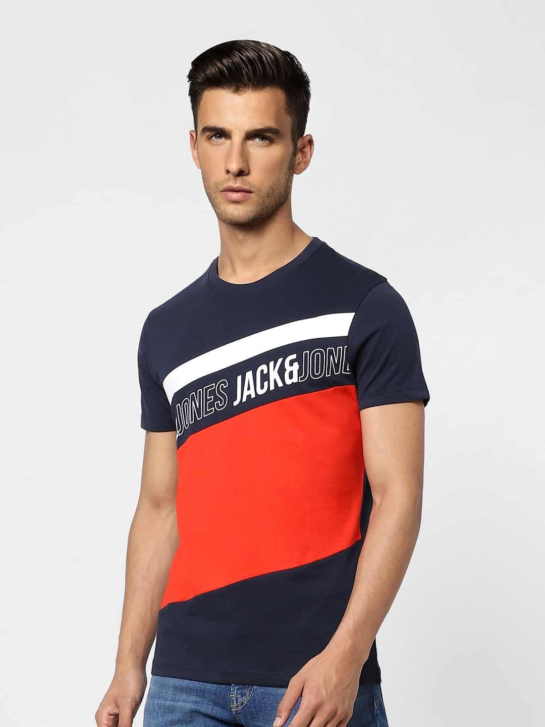 Blue Colourblocked Crew Neck T-shirt