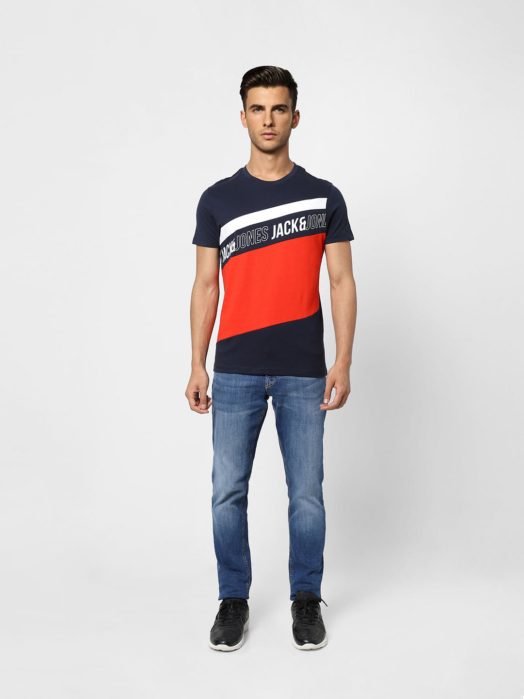 Blue Colourblocked Crew Neck T-shirt
