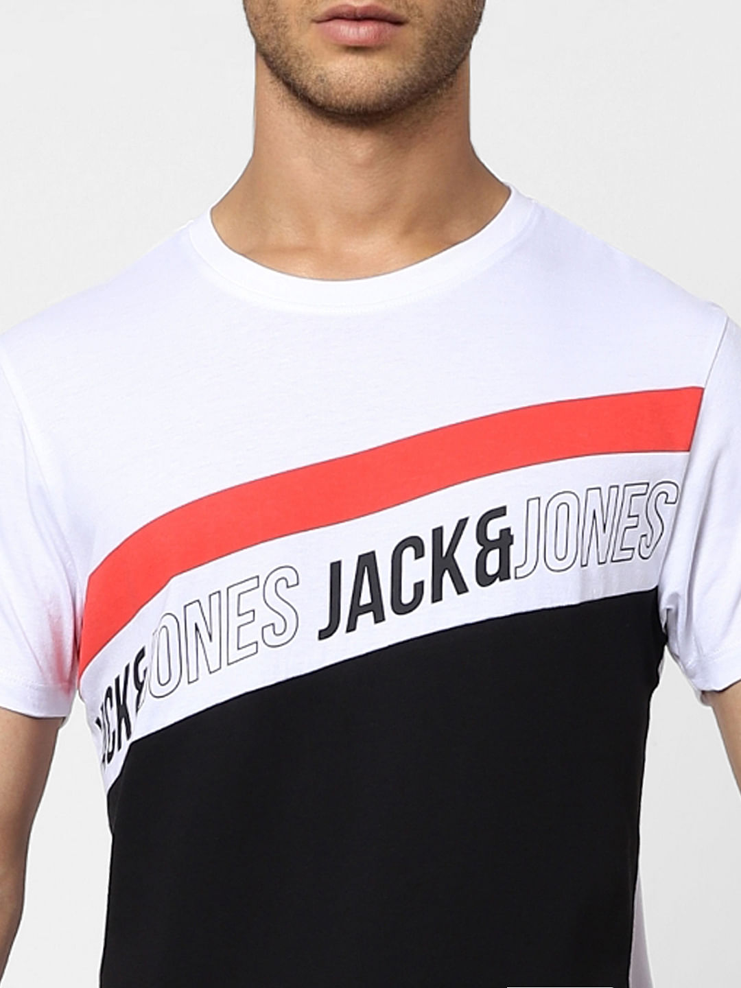 White Colourblocked Crew Neck T-shirt