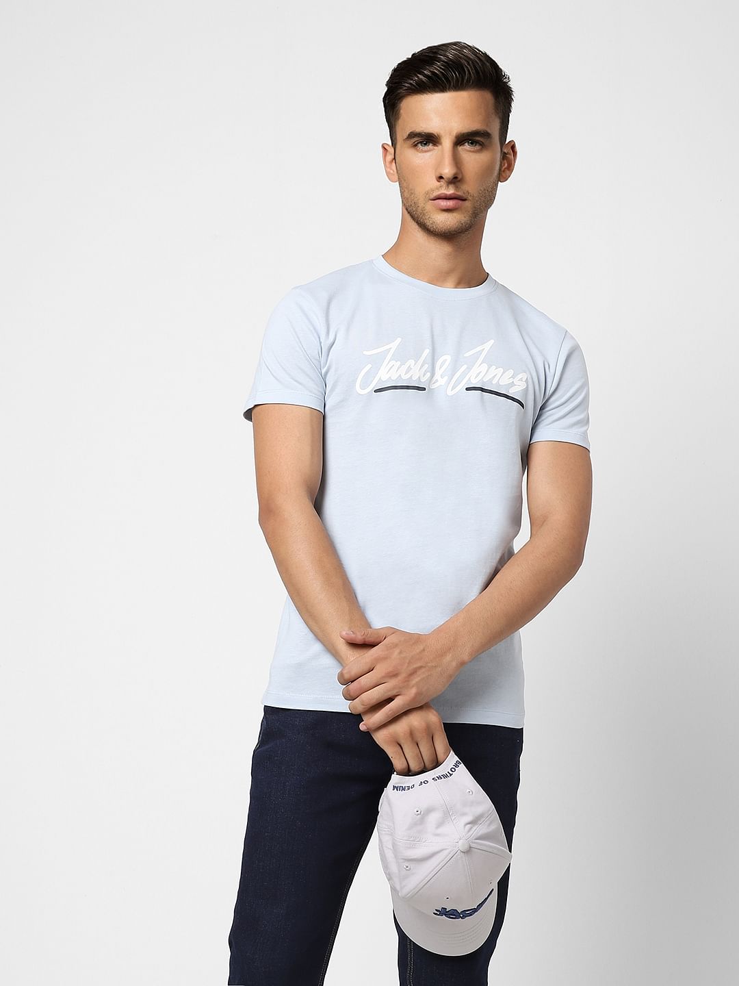 Sky Blue Logo Print Crew Neck T-shirt - S
