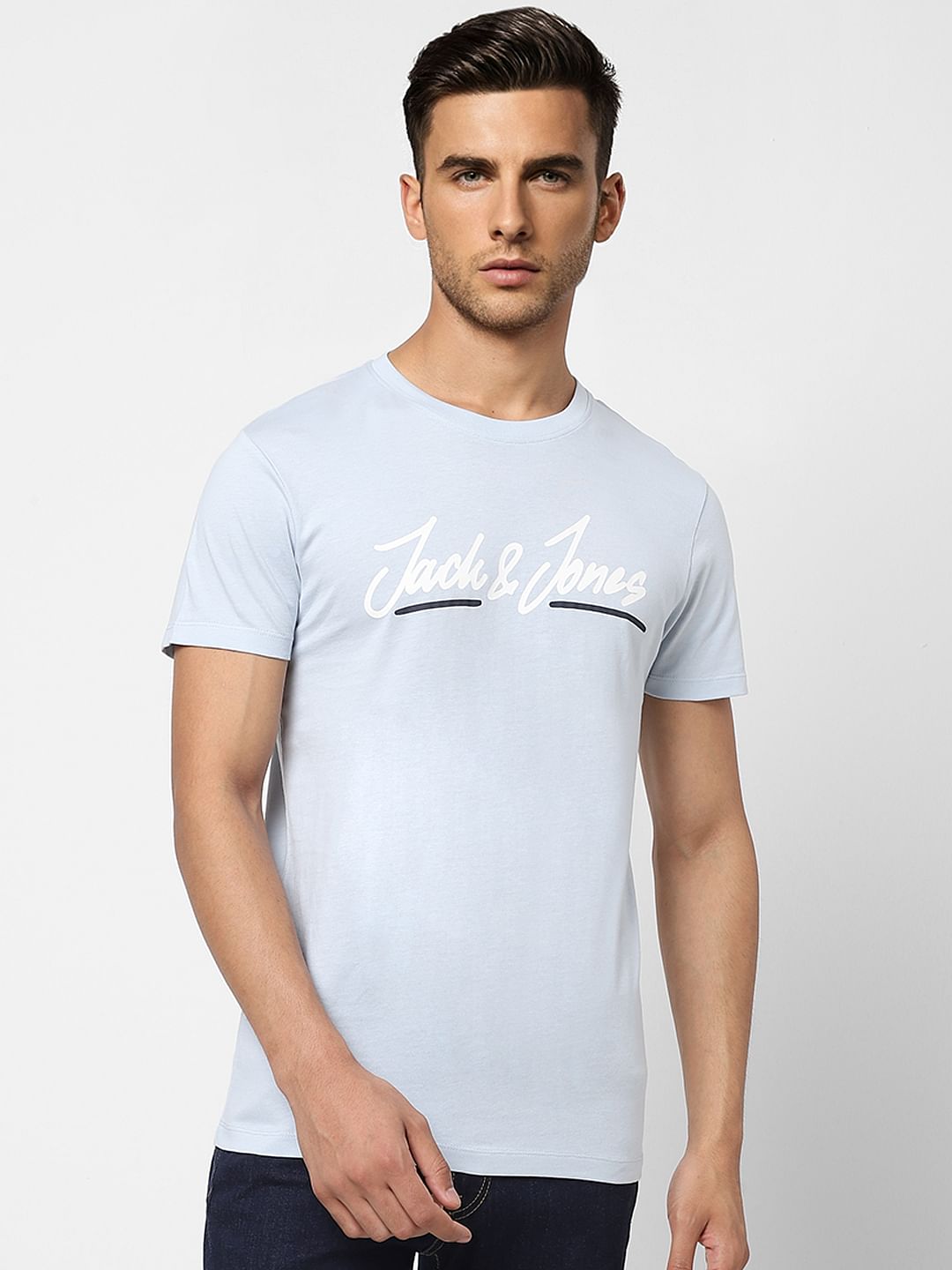 Sky Blue Logo Print Crew Neck T-shirt