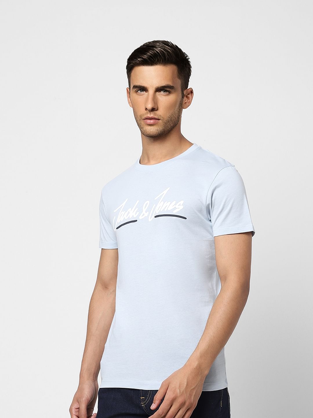 Sky Blue Logo Print Crew Neck T-shirt