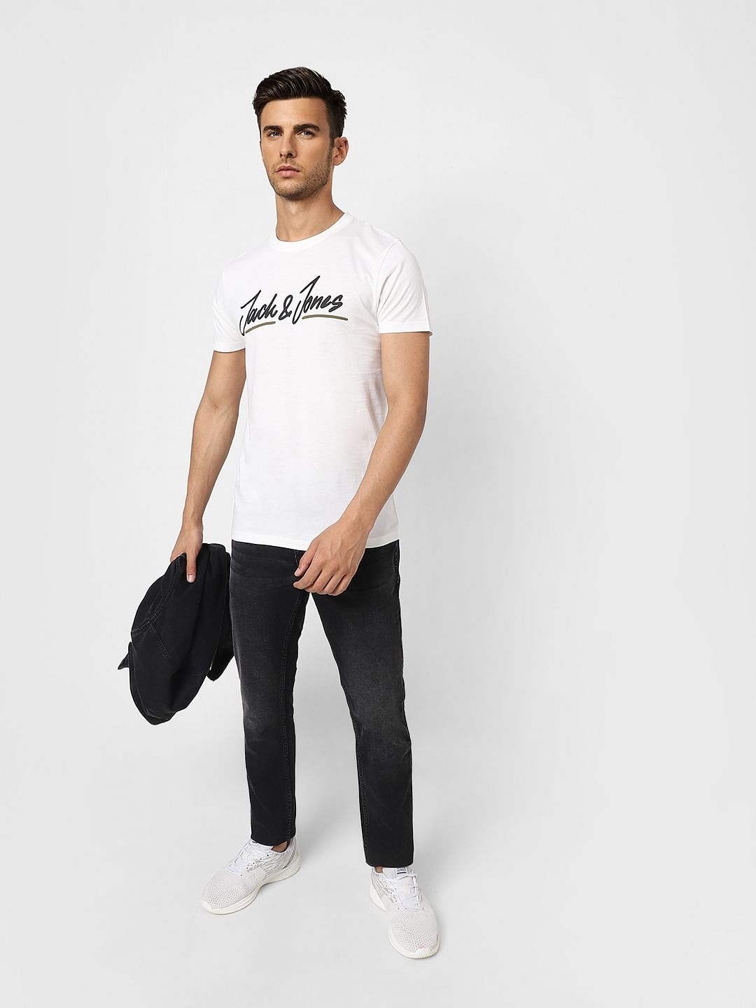White Logo Print Crew Neck T-shirt - S