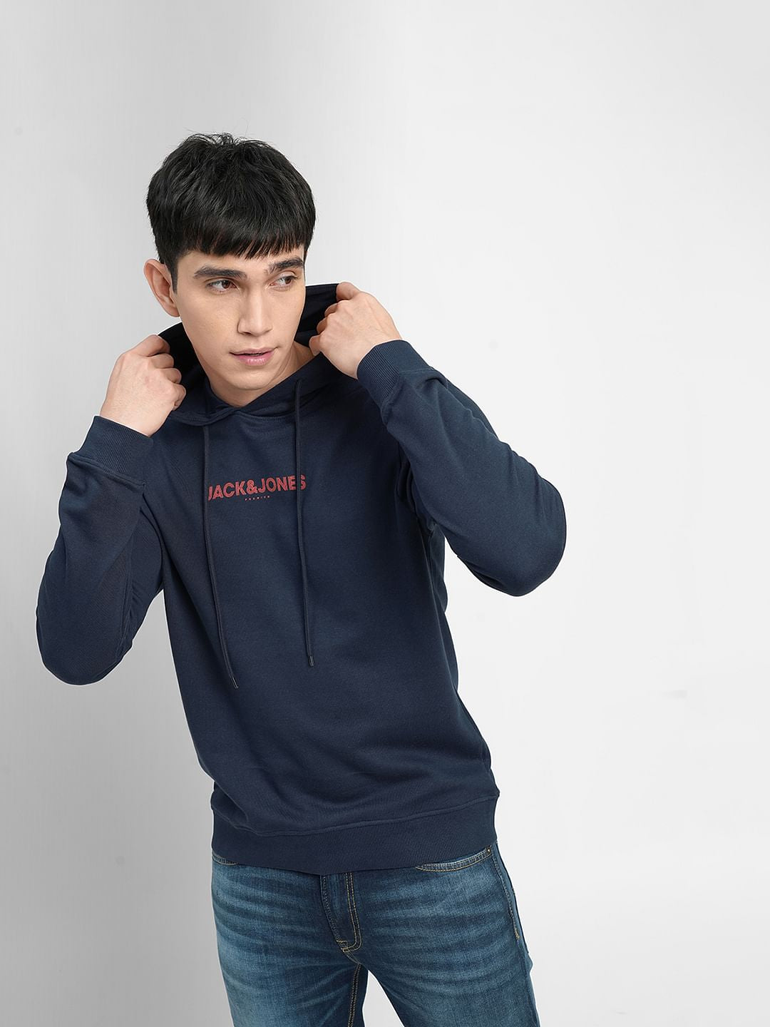 Navy Blue Logo Print Hooded Sweatshirt - S