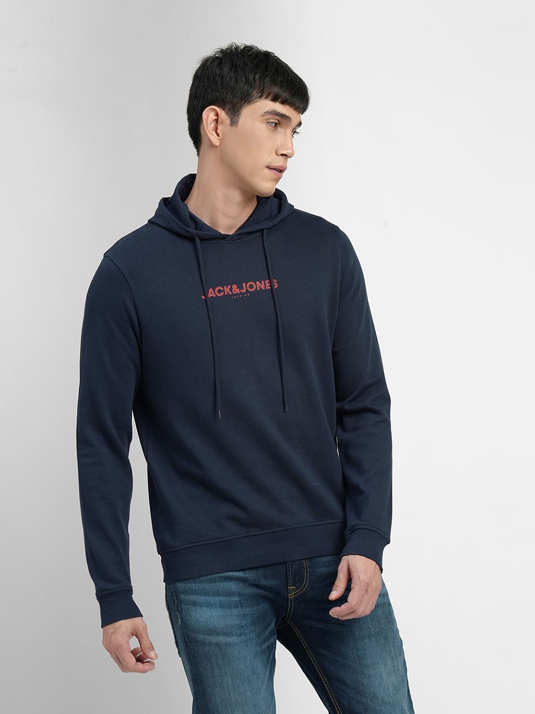 Navy Blue Logo Print Hooded Sweatshirt