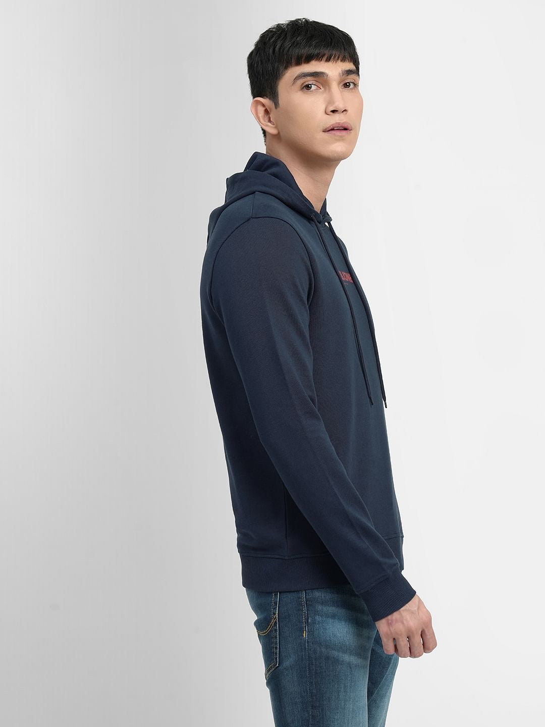 Navy Blue Logo Print Hooded Sweatshirt