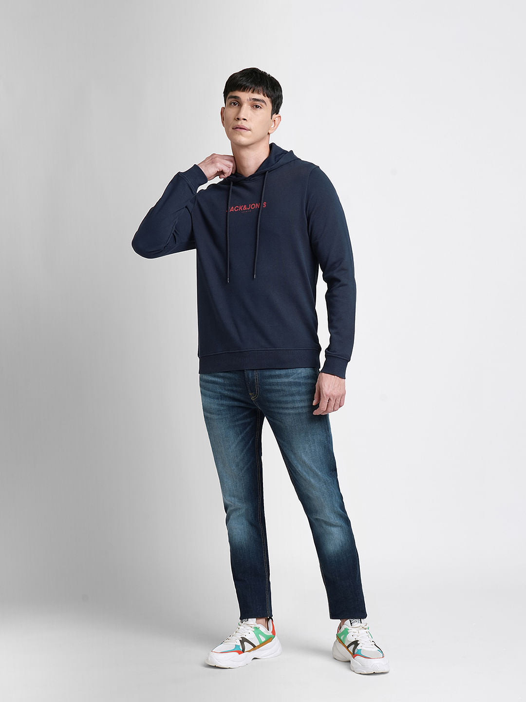 Navy Blue Logo Print Hooded Sweatshirt