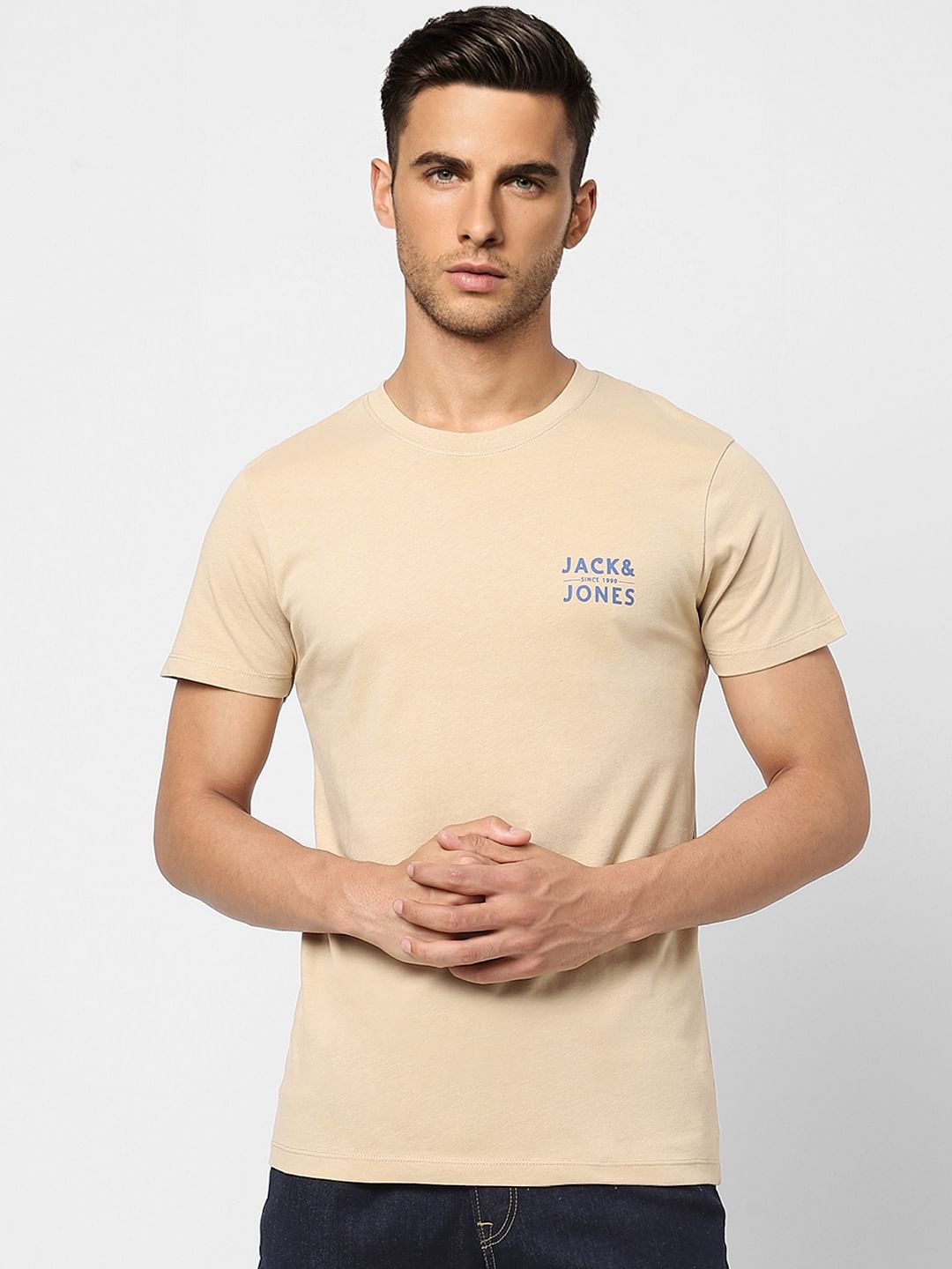 Beige Logo Print Crew Neck T-shirt