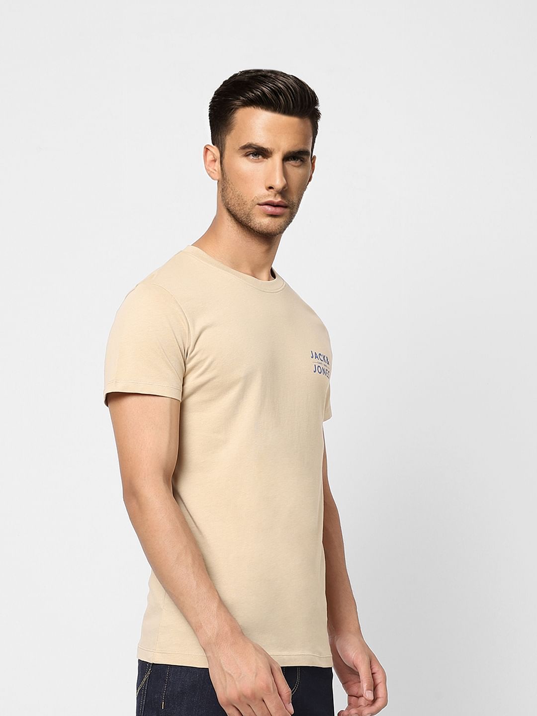 Beige Logo Print Crew Neck T-shirt