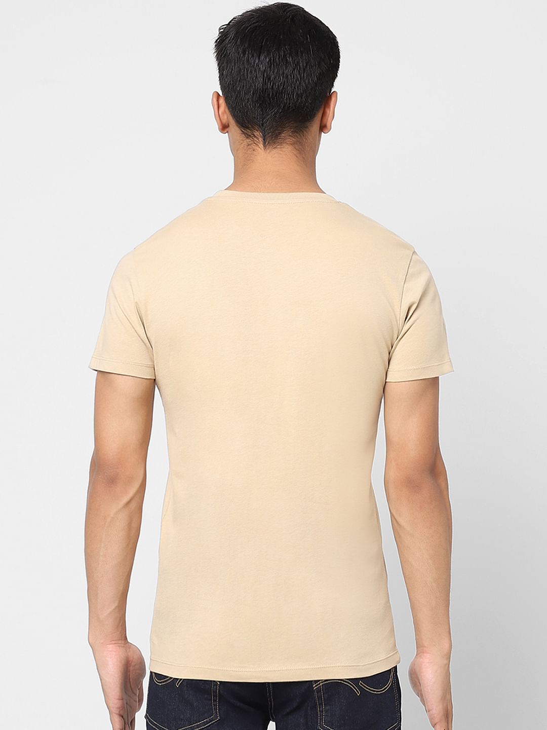 Beige Logo Print Crew Neck T-shirt