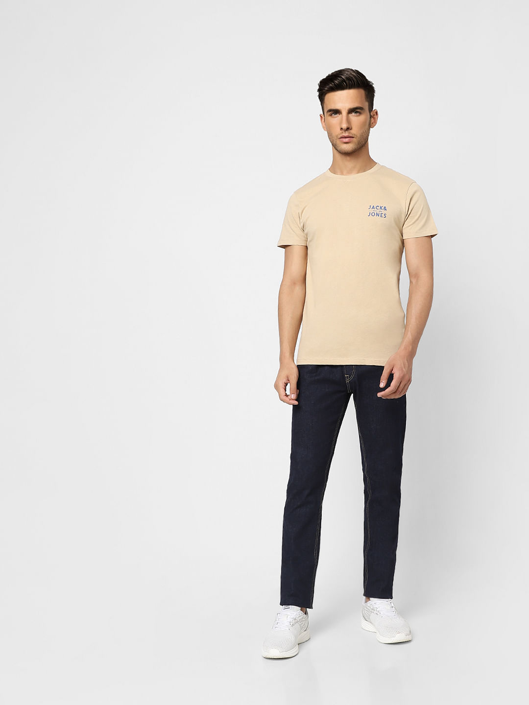 Beige Logo Print Crew Neck T-shirt