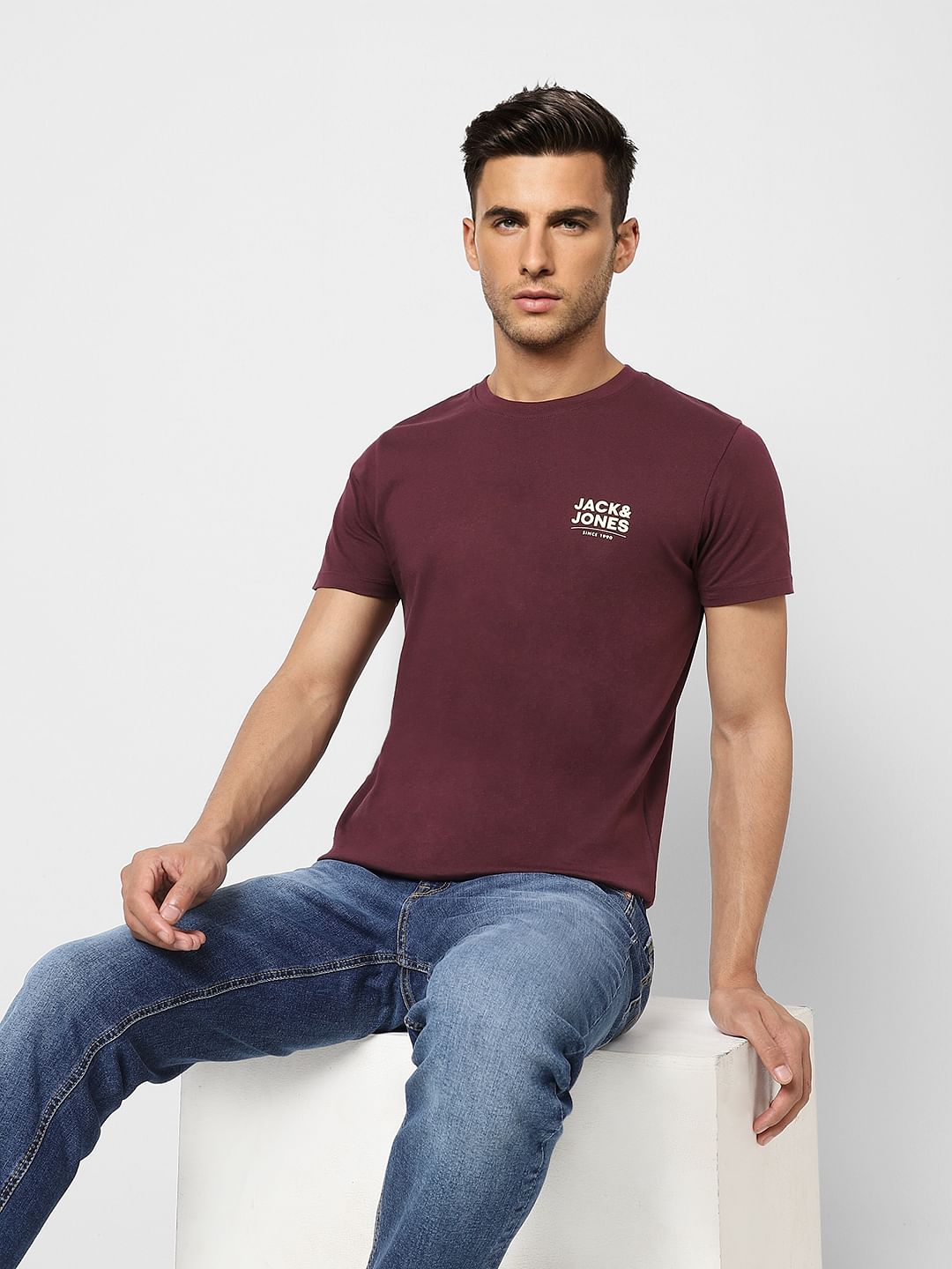 Burgundy Logo Print Crew Neck T-shirt - S