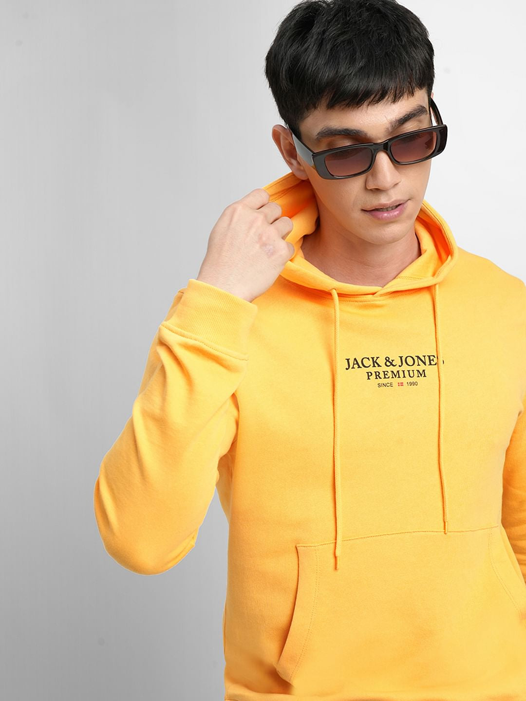 Yellow Logo Print Hooded Sweatshirt - S