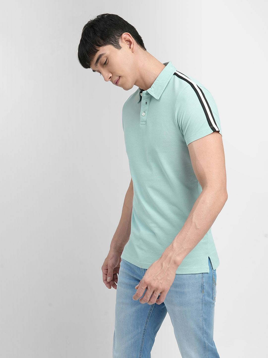 Turquoise Tape Detail Polo Neck T-shirt