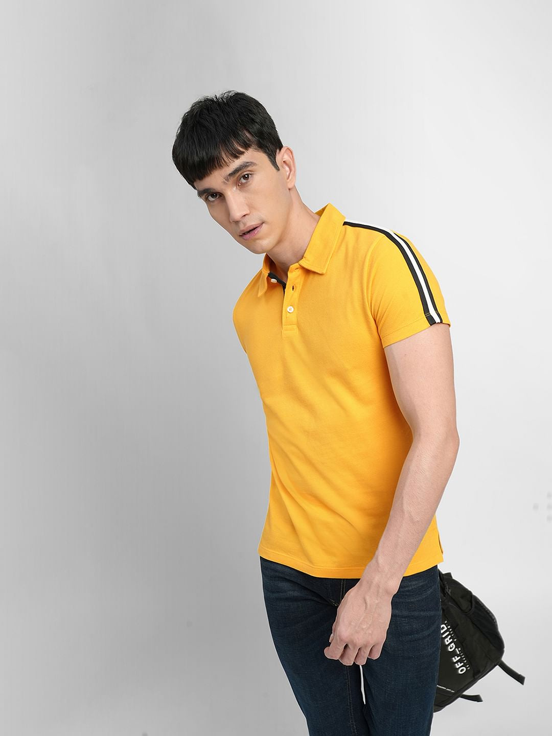 Yellow Tape Detail Polo Neck T-shirt - S