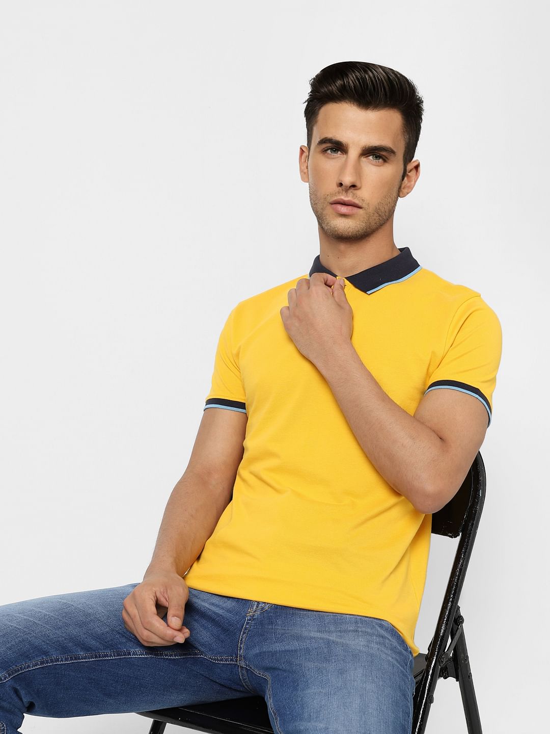 Yellow Contrast Tipping Polo T-shirt - S