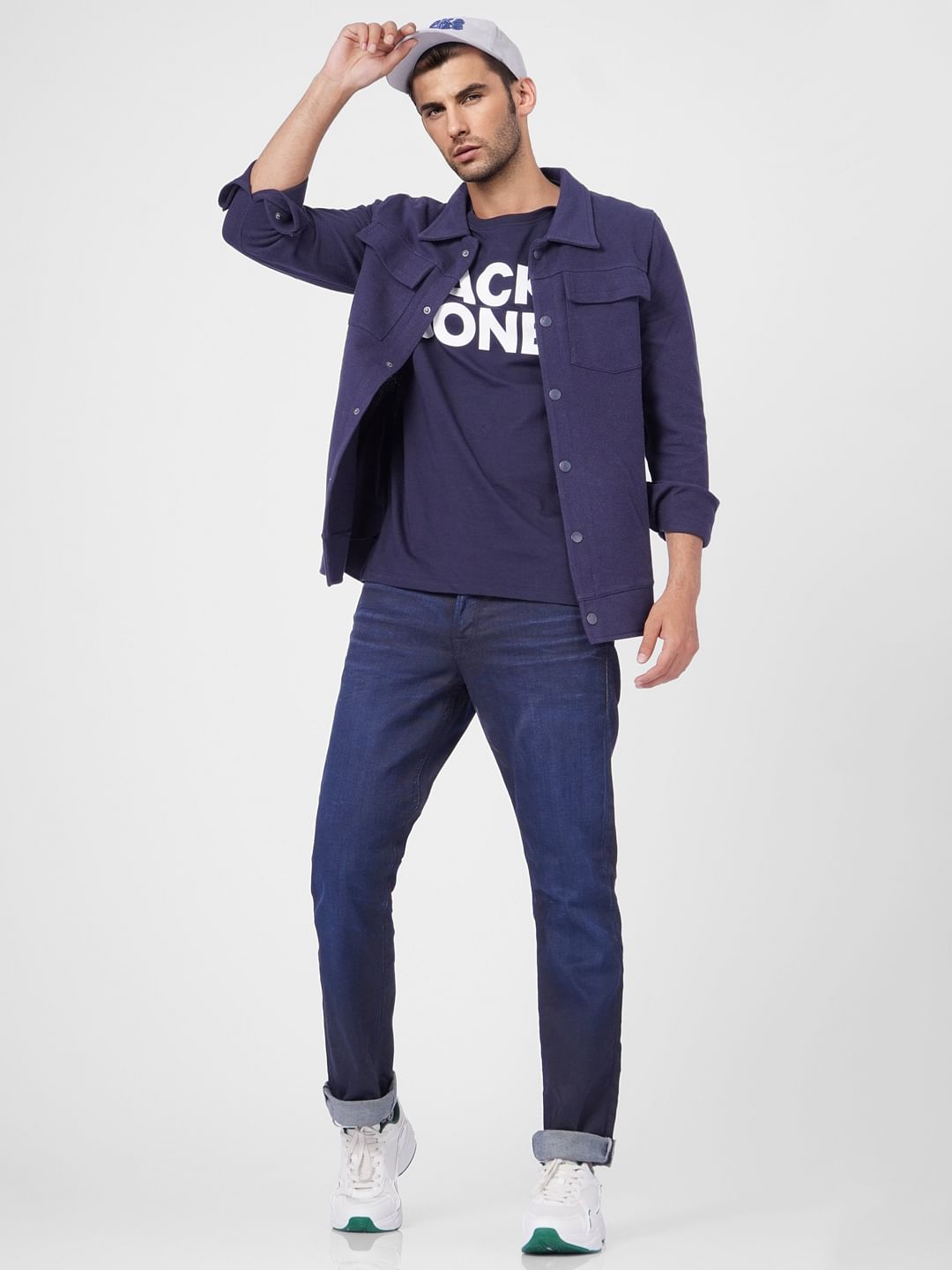 Navy Blue Logo Print Crew Neck T-shirt