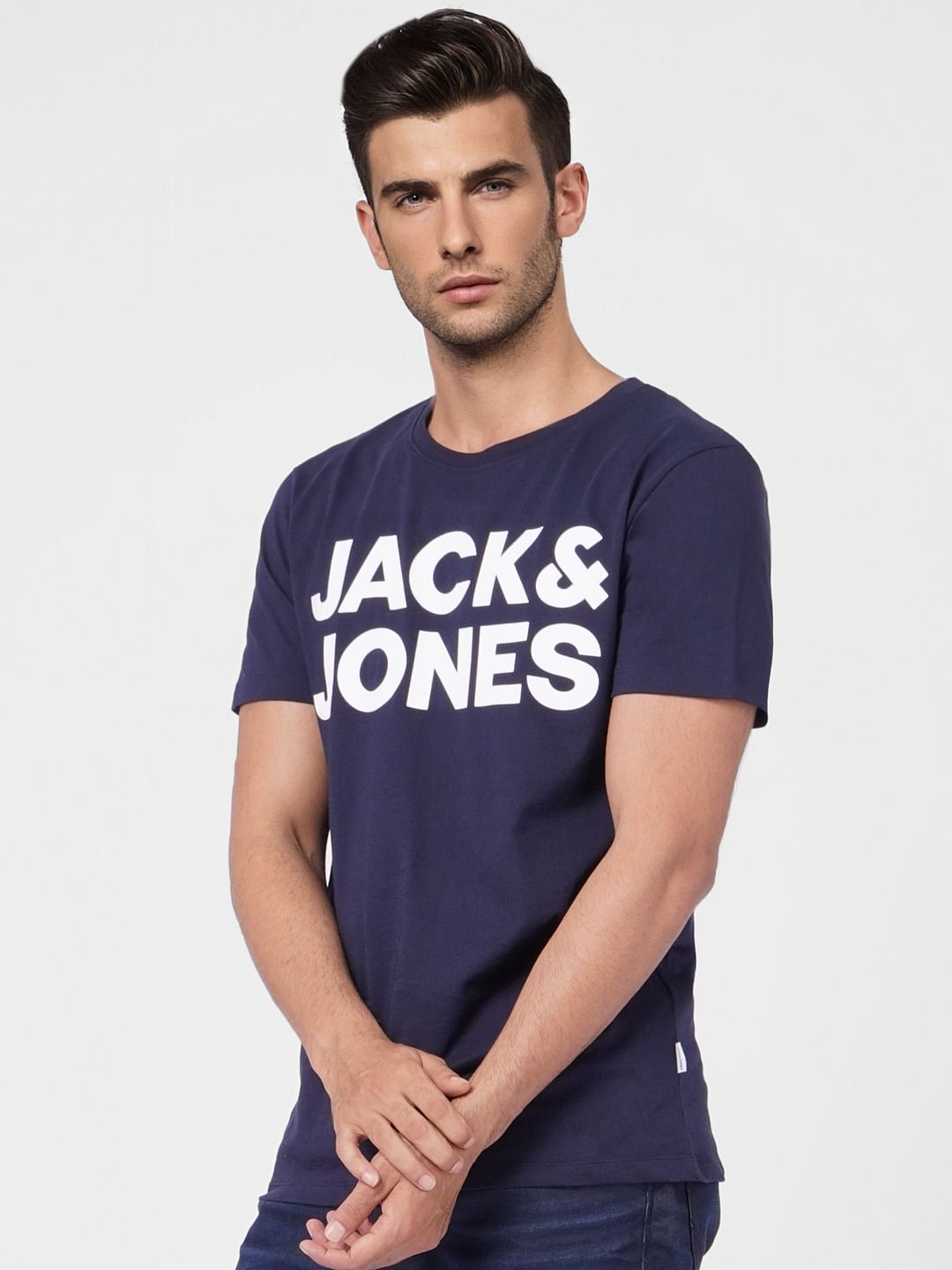 Navy Blue Logo Print Crew Neck T-shirt