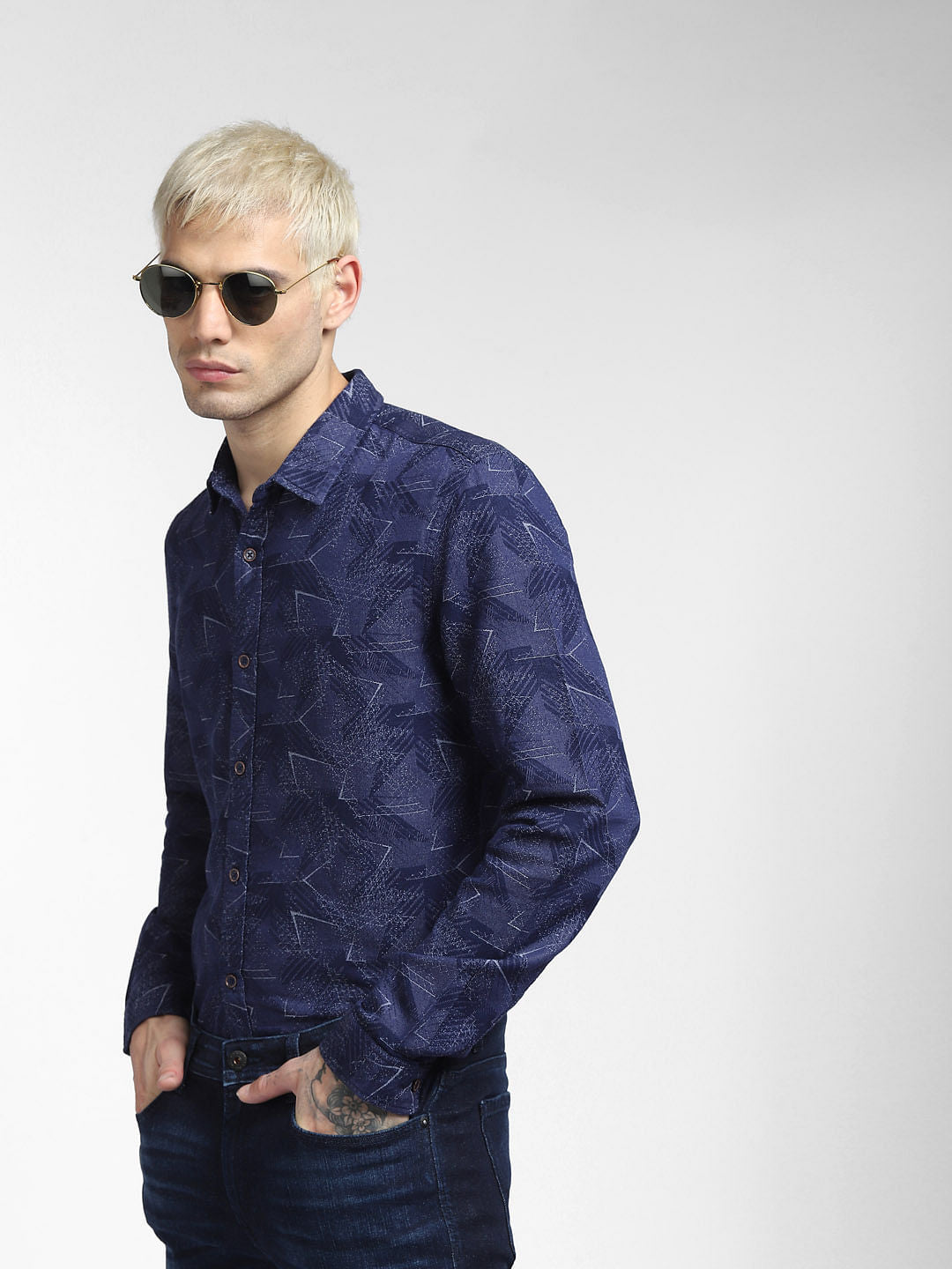 Blue Abstract Print Full Sleeves Shirt - S