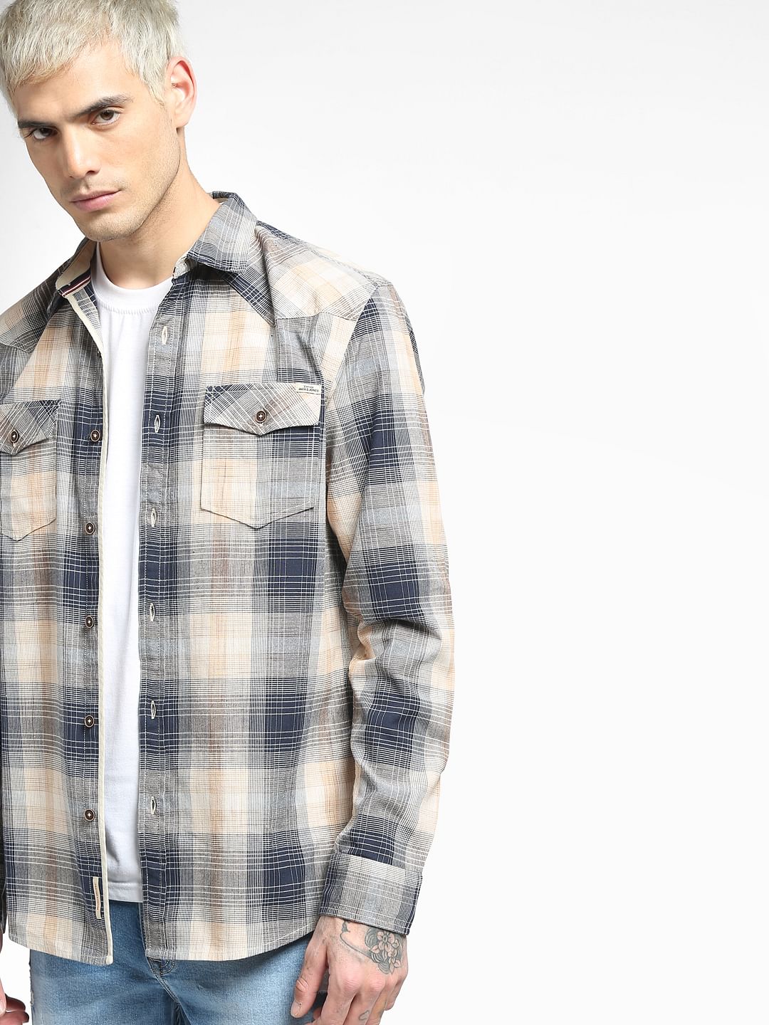 Beige Checked Full Sleeves Shirt - S