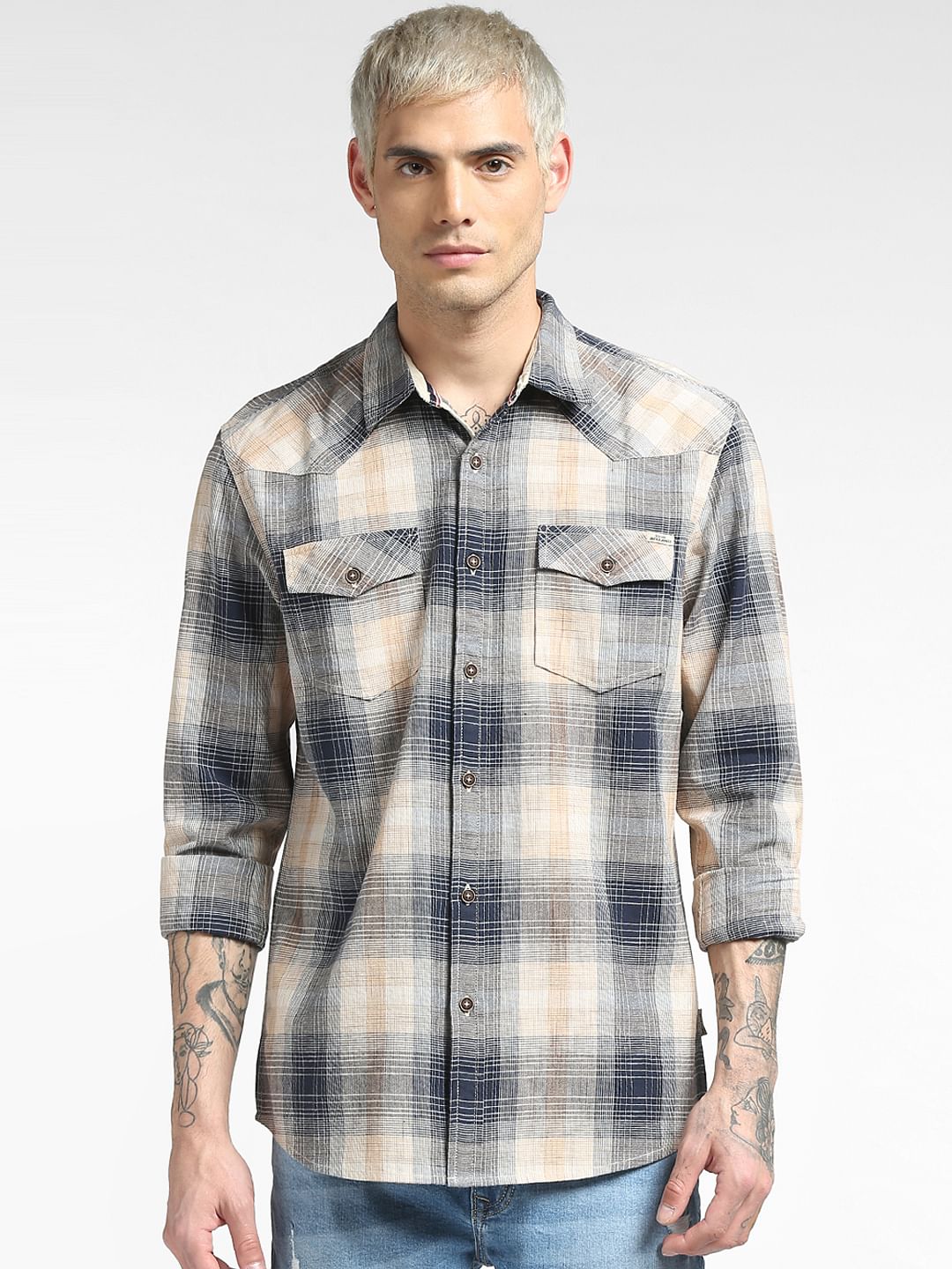 Beige Checked Full Sleeves Shirt