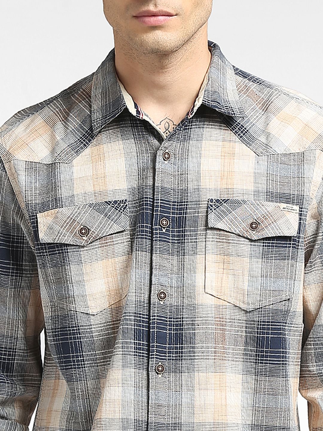 Beige Checked Full Sleeves Shirt