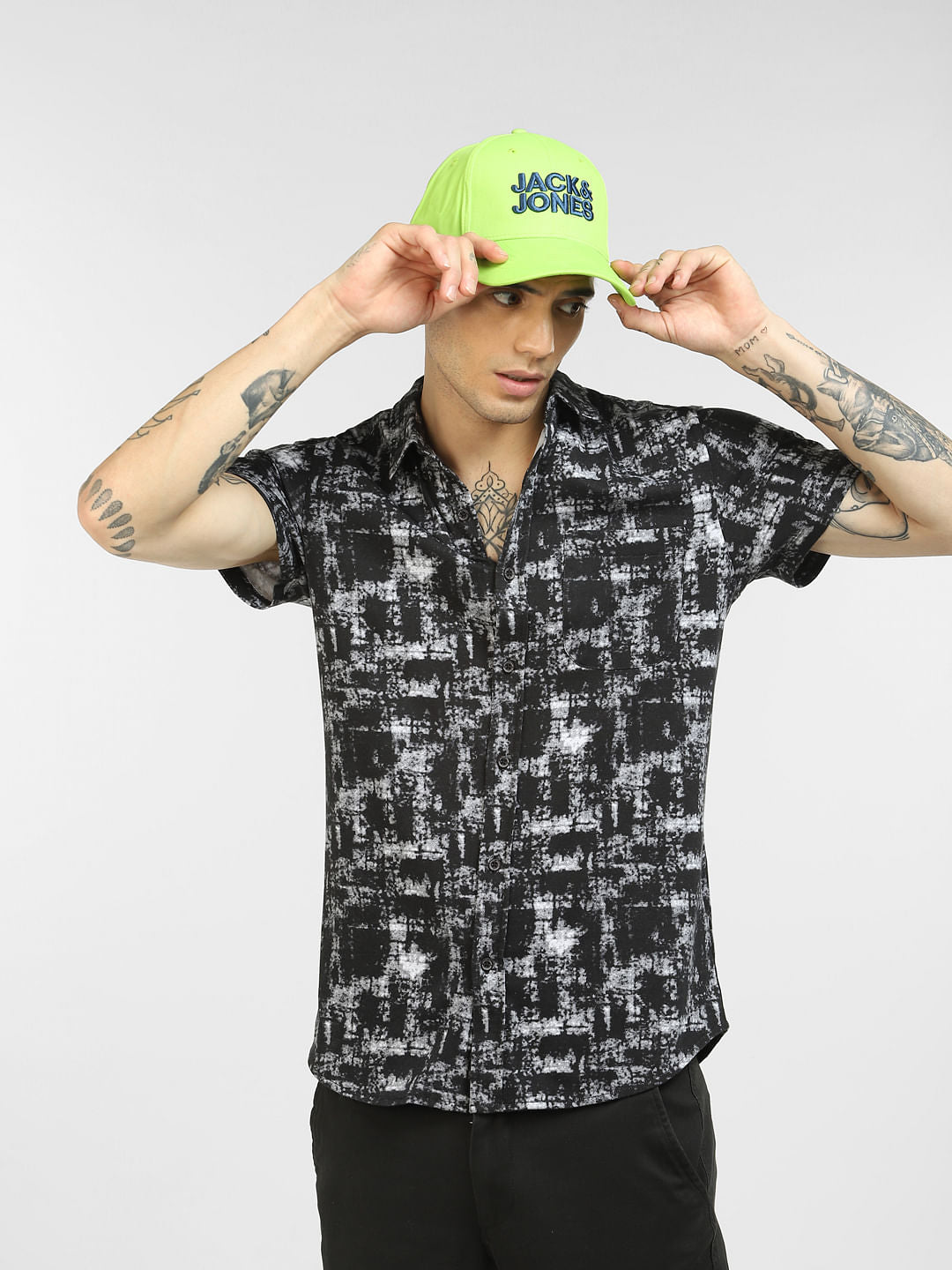 Black Abstract Print Half Sleeves Shirt - S