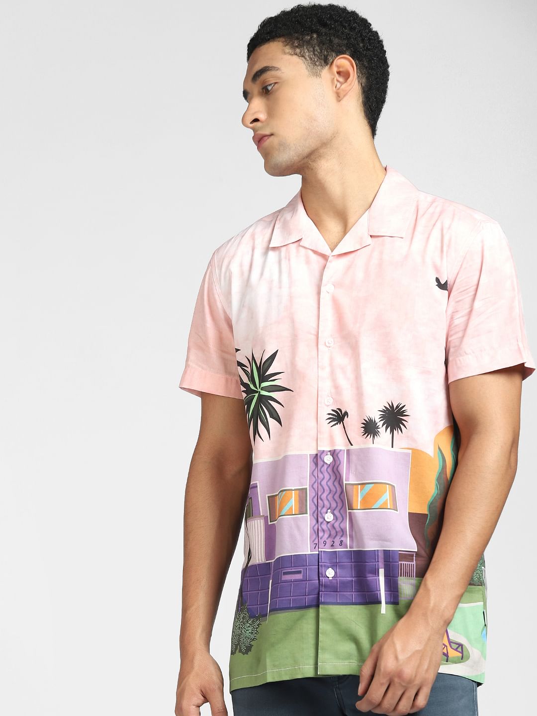 Pink Graphic Print Half Sleeves Shirt