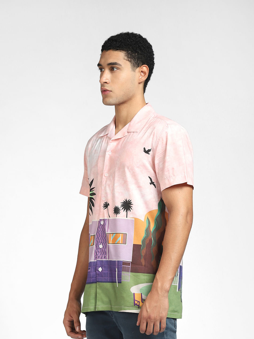 Pink Graphic Print Half Sleeves Shirt