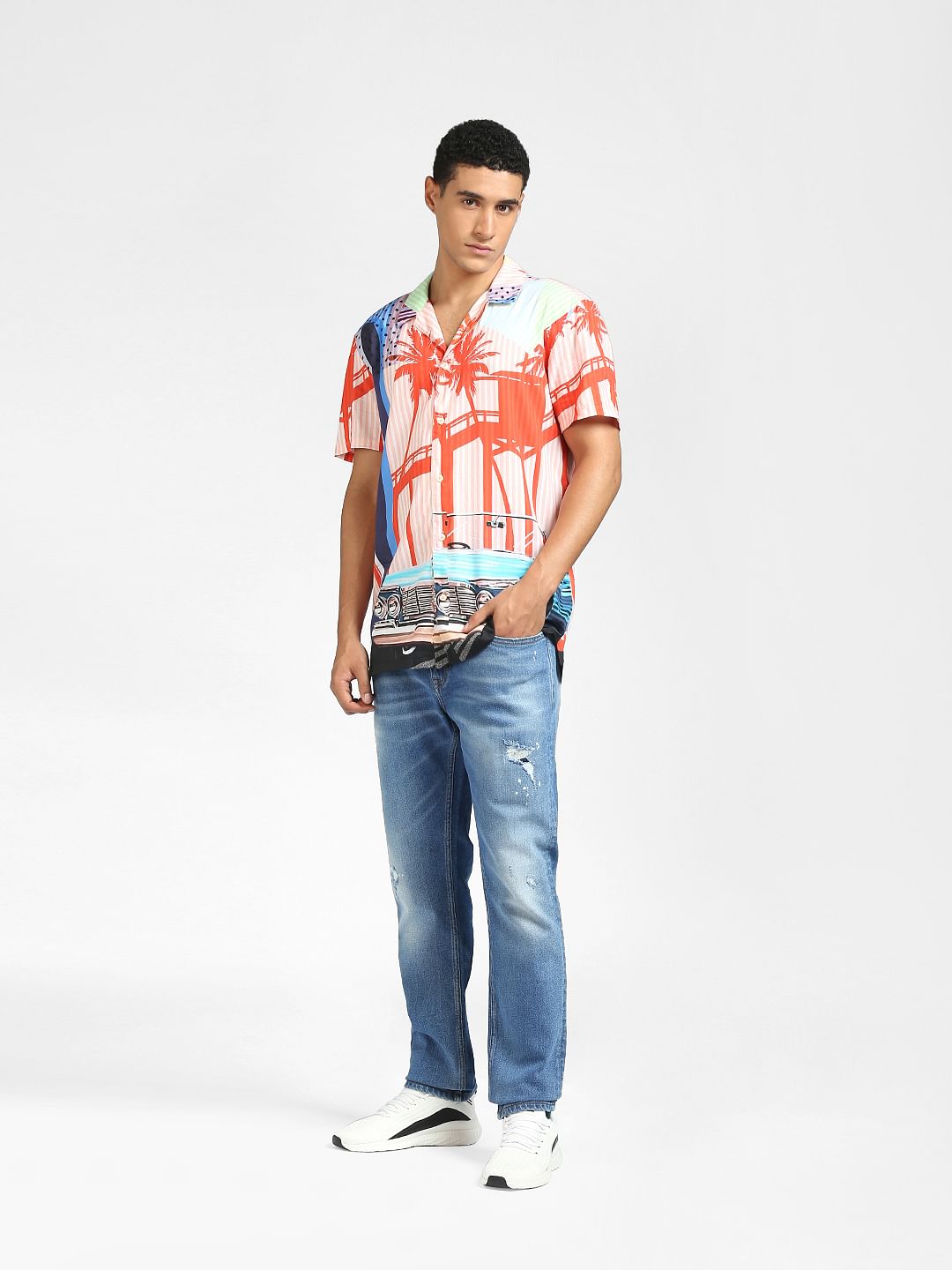 Peach Graphic Print Half Sleeves Shirt