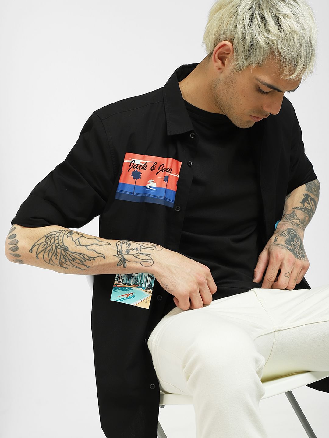 Black Graphic Print Full Sleeves Shirt - S