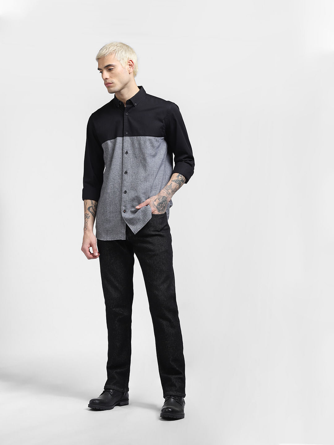 Black Colourblocked Full Sleeves Shirt
