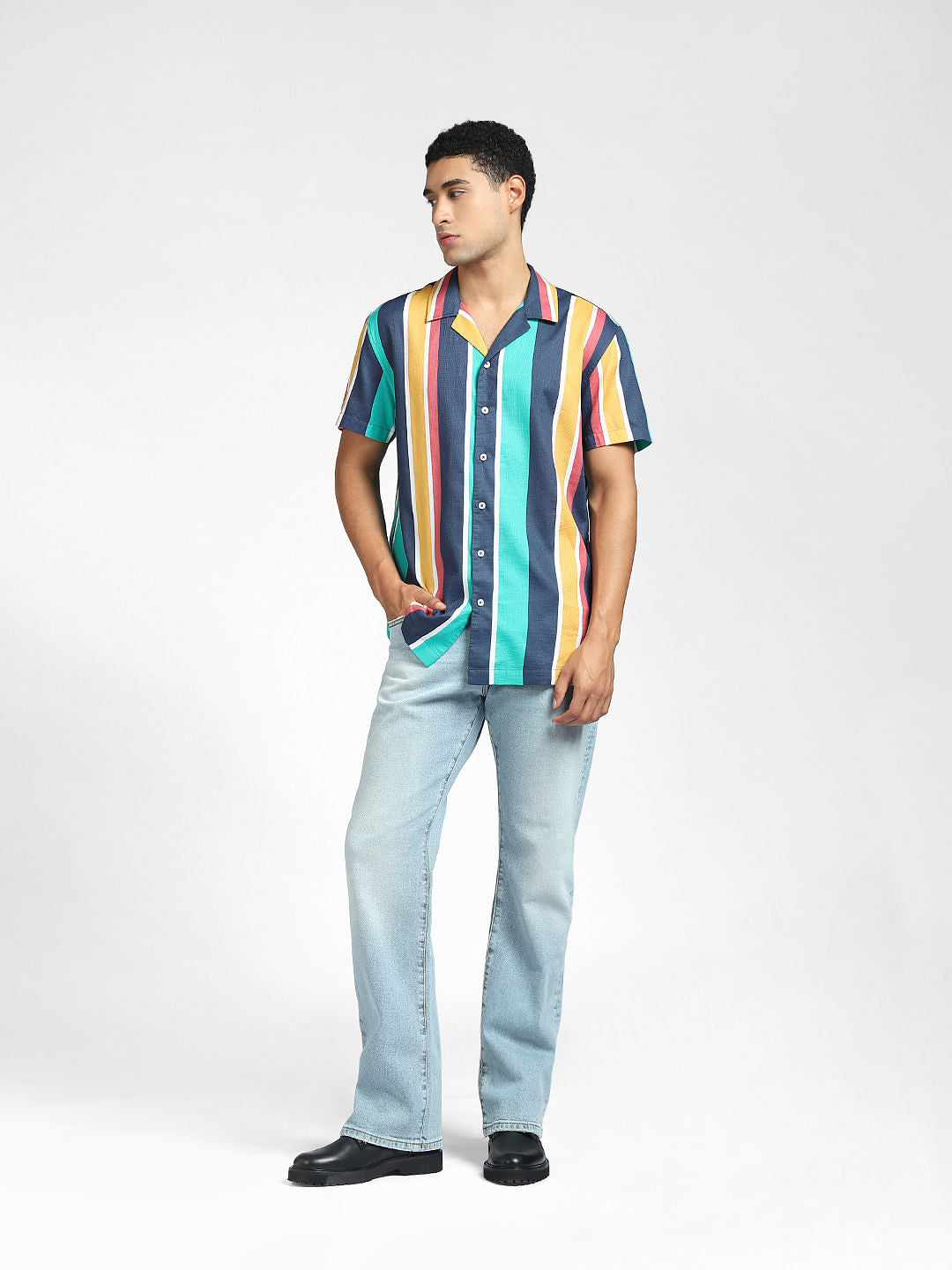 Turquoise Striped Half Sleeves Shirt