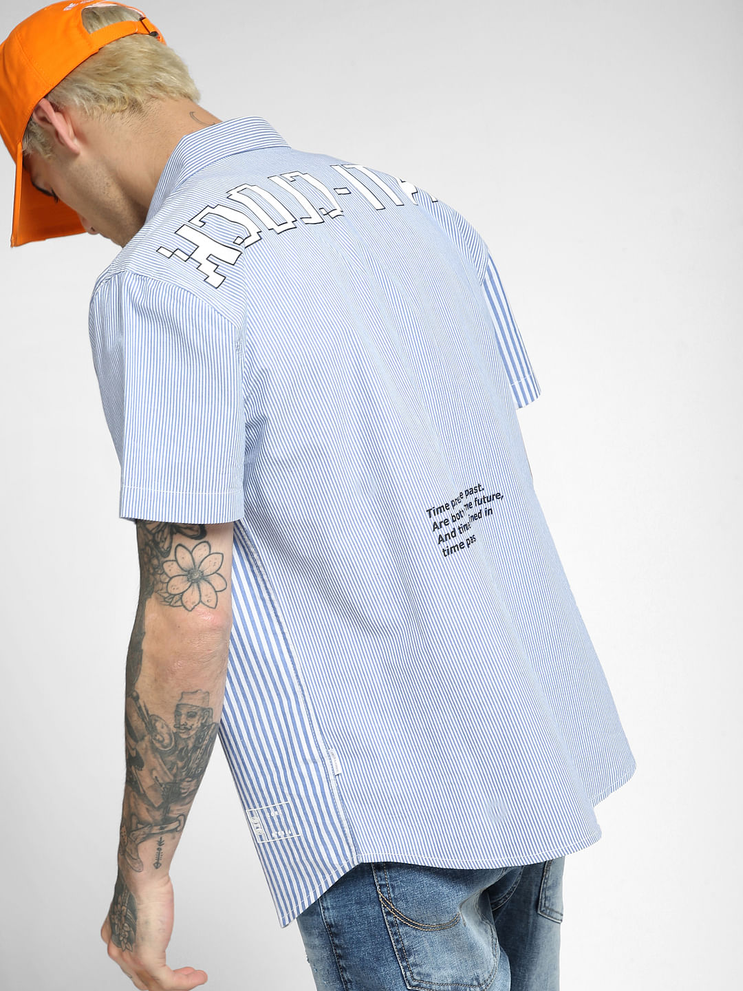 Blue Striped Half Sleeves Shirt - S