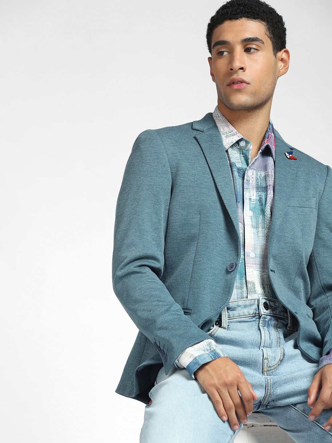 Turquoise Printed Full Sleeves Shirt - S