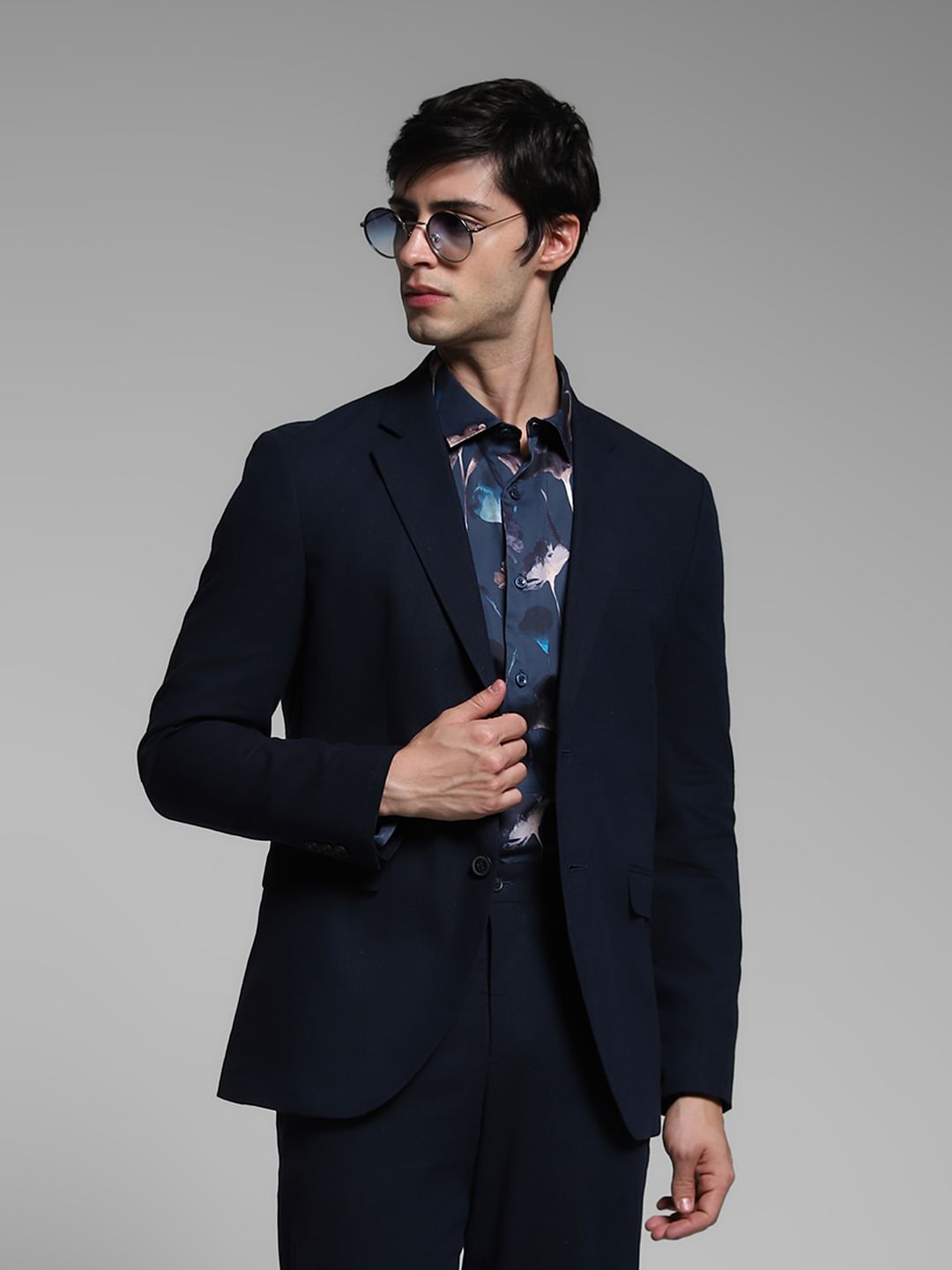 Dark Blue Slim Fit Linen Blazer - 46